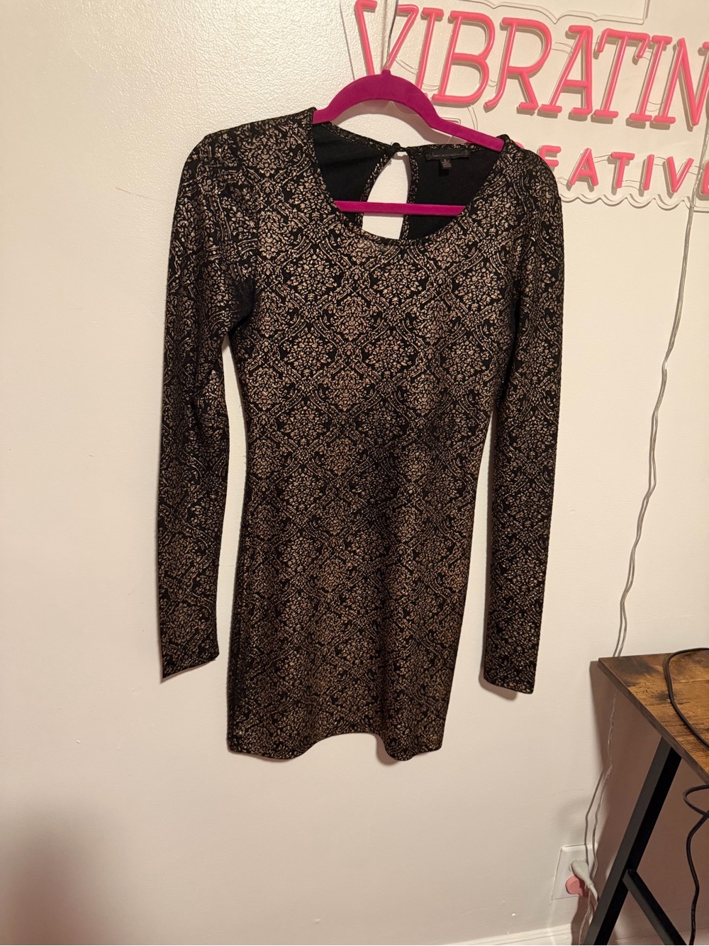 L'Wren Scott Black and Gold Long-Sleeve Fitted Patterned Dress